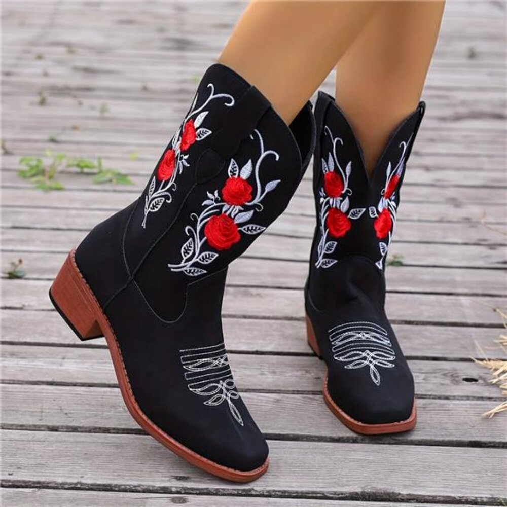 NWT Multiple Sizes Stylish Women's Embroidered Cowboy Boots Red Floral Design - Picture 2 of 9